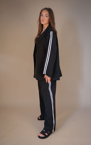 Black Oversized Blazer Co Ord Suit Straight Leg Trouser Contrast Stripe detail