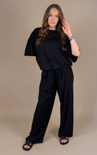 Black Oversized Ribbed T-Shirt & Straight Leg Trouser Co-Ord Set