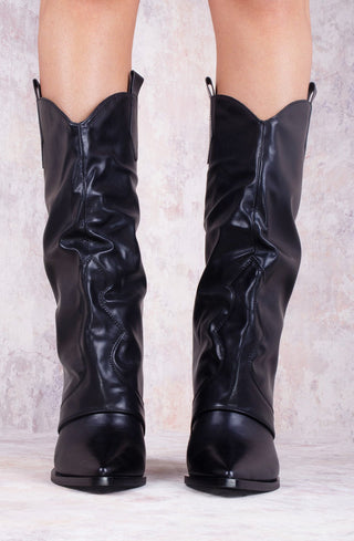 Black PU Leather Shark Fold Over Tab Detail Cowboy Boots