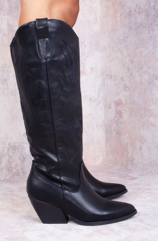 Black PU Leather Western Style Knee High Cowboy Boot