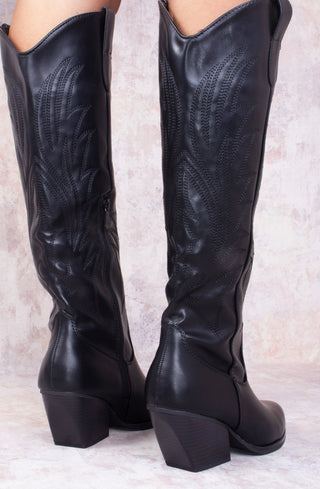 Black PU Leather Western Style Knee High Cowboy Boot