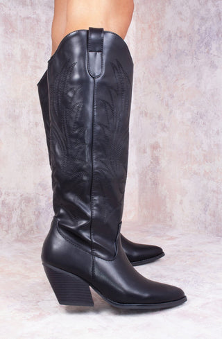 Black PU Leather Western Style Knee High Cowboy Boot