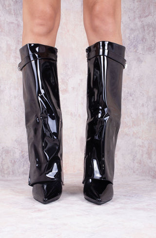 Black Patent Leather Fold Over Shark Classic Buckle Knee High Boot