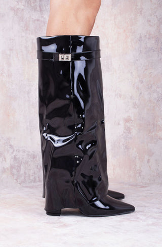 Black Patent Leather Fold Over Shark Classic Buckle Knee High Boot