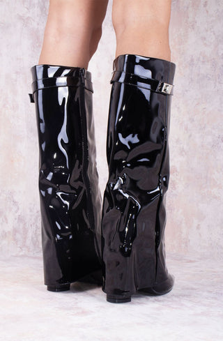 Black Leather Fold Over Shark Classic Buckle Knee High Boot