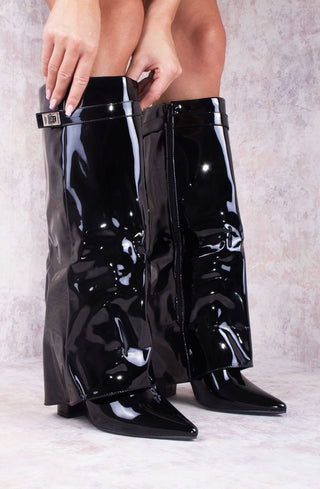 Black Patent Leather Fold Over Shark Classic Buckle Knee High Boot