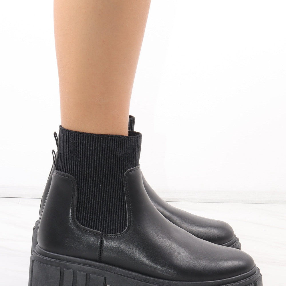 
                      
                        Black Platform Slip On Faux Leather Sock Boot
                      
                    