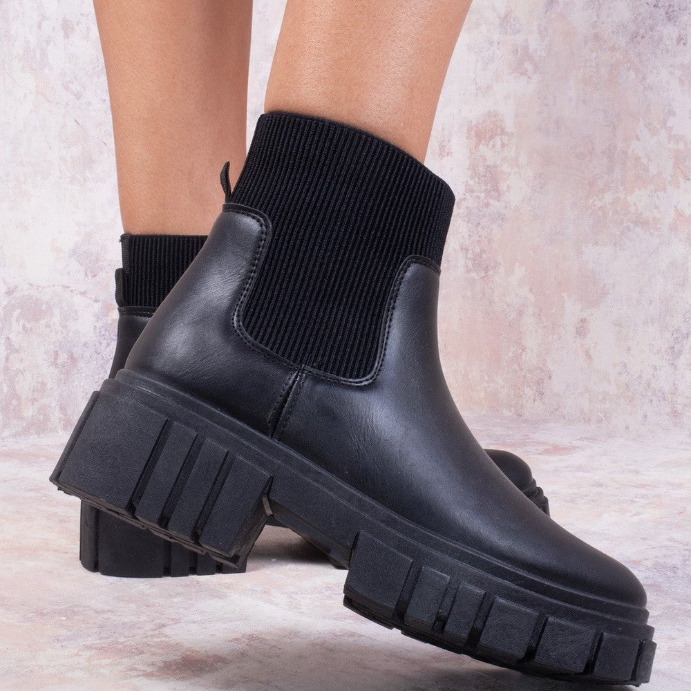 Black Platform Slip On Faux Leather Sock Boot