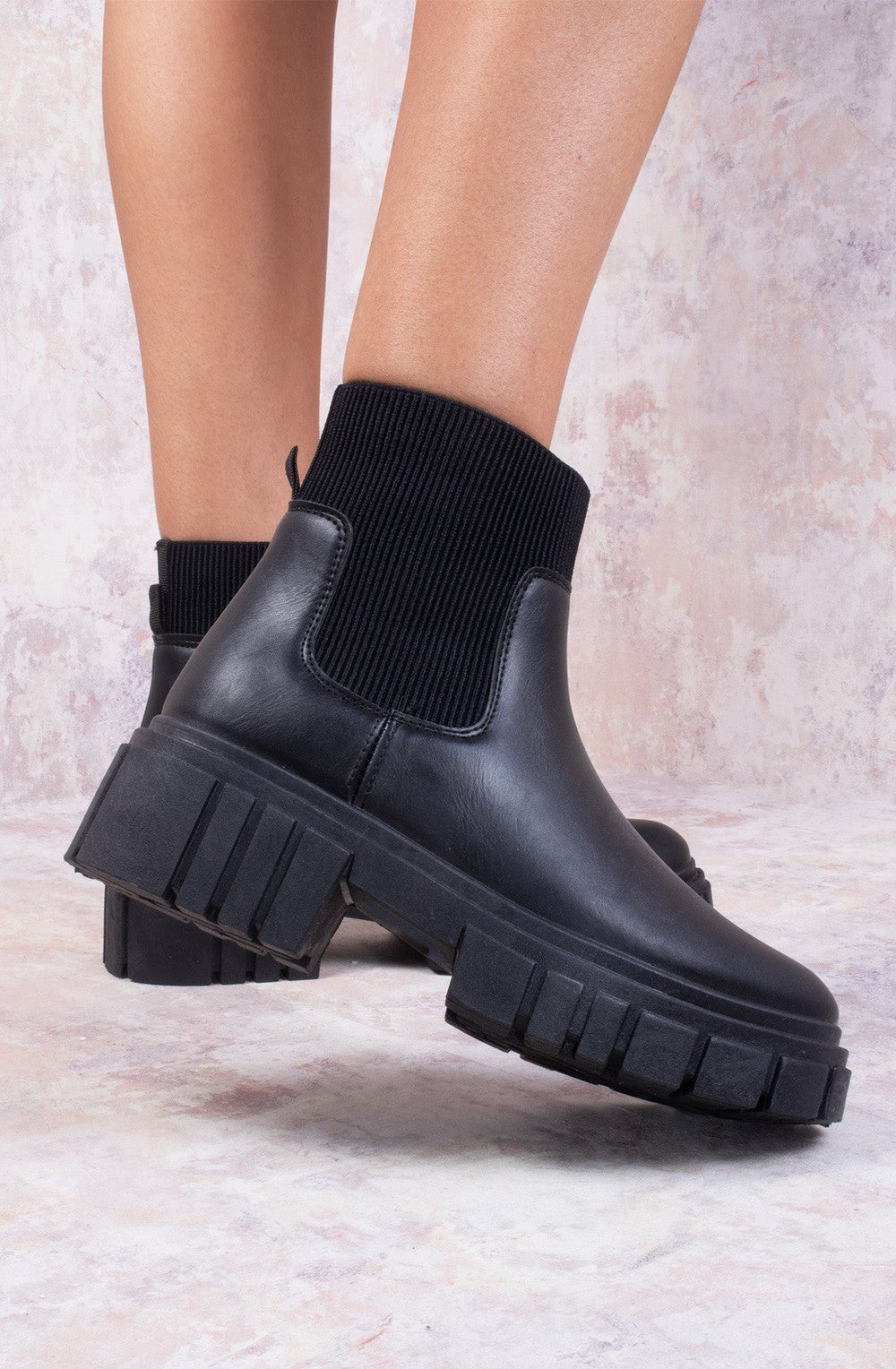 Black Platform Slip On Faux Leather Sock Boot