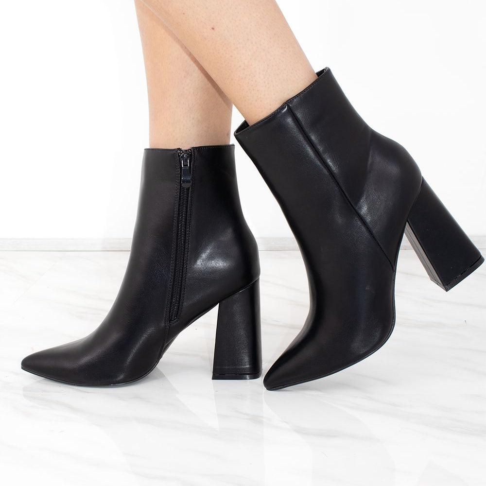 Black Pointed Toe Faux Leather Block Heel Ankle Boot