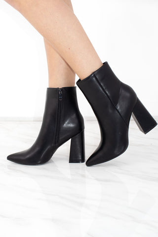 Black Pointed Toe Faux Leather Block Heel Ankle Boot