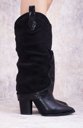 Black Shark Fold Over Tab Detail Cowboy Boots