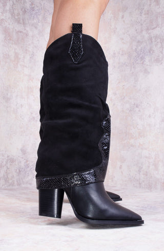 Black Shark Fold Over Tab Detail Cowboy Boots