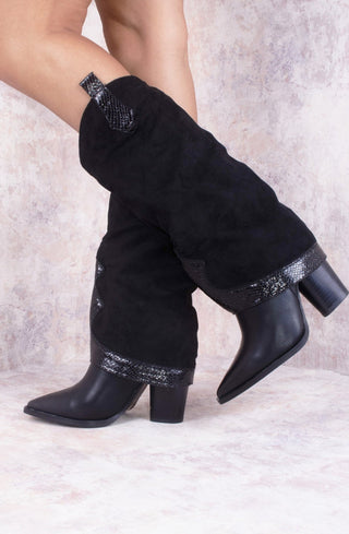 Black Shark Fold Over Tab Detail Cowboy Boots