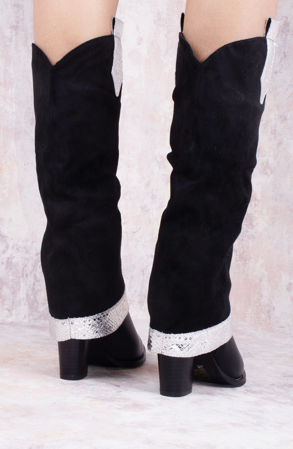 Black Silver Shark Fold Over Tab Detail Cowboy Boots