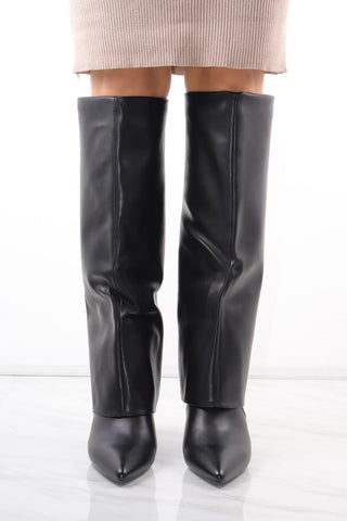 Black Stiletto Leather Fold Over Shark Buckle Knee High Boot