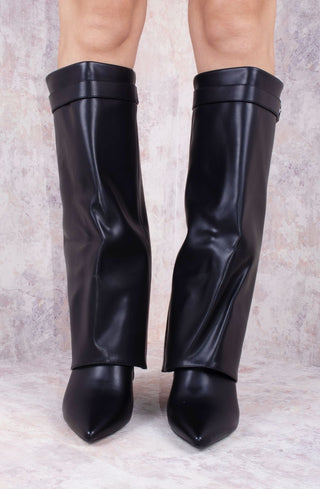 Black Stiletto Leather Fold Over Shark Buckle Knee High Boot