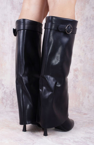 Black Stiletto Leather Fold Over Shark Buckle Knee High Boot