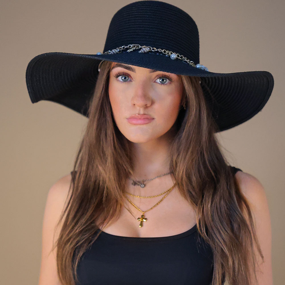 Black Straw Western Shell Detailing Hat