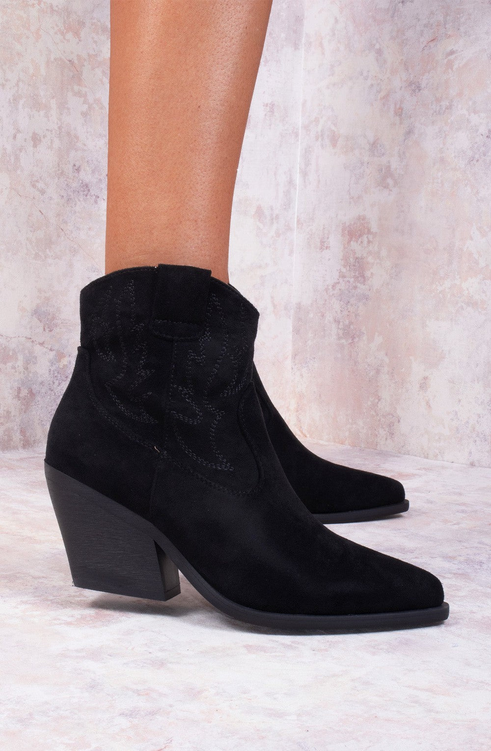 Women's Black Suede Cowboy Ankle Length Boots Miss Moda Luxe
