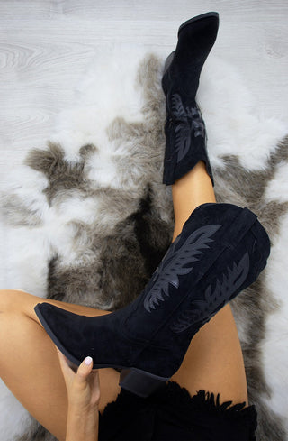 Black Suede Cowboy Mid Calf Length Boots