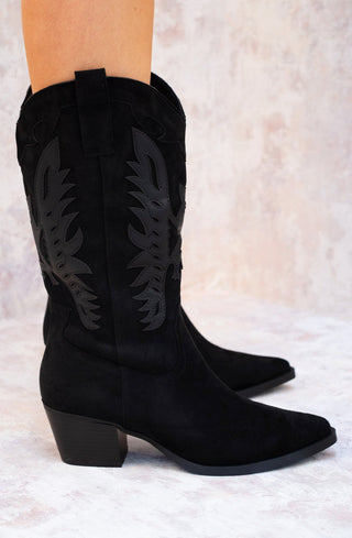 Black Suede Cowboy Mid Calf Length Boots