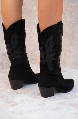 Black Suede Cowboy Mid Calf Length Boots