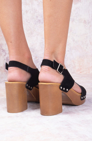 Black Suede Cross Strap Gold Stud Heeled Clog Sandals