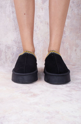 Black Tazmin Aztec Detail Faux Fur Lining Platform Faux Suede Slipper