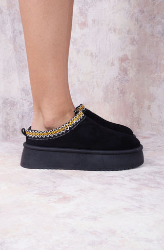 Black Tazmin Aztec Detail Faux Fur Lining Platform Faux Suede Slipper