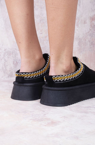 Black Tazmin Aztec Detail Faux Fur Lining Platform Faux Suede Slipper