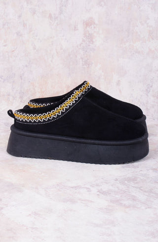 Black Tazmin Aztec Detail Faux Fur Lining Platform Faux Suede Slipper