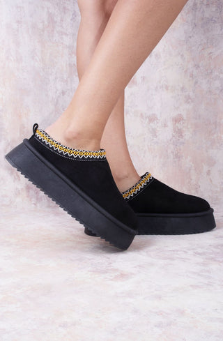 Black Tazmin Aztec Detail Faux Fur Lining Platform Faux Suede Slipper