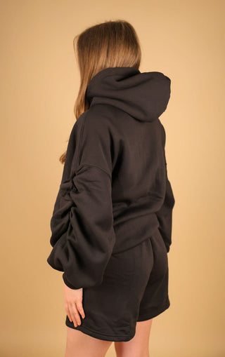 Black Tracksuit Ruched Hoodie and Shorts Set