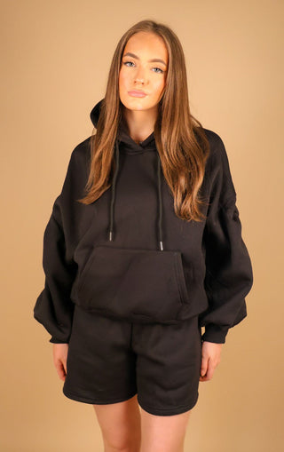 Black Tracksuit Ruched Hoodie and Shorts Set