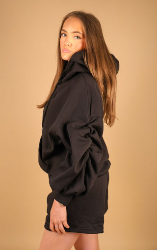 Black Tracksuit Ruched Hoodie and Shorts Set