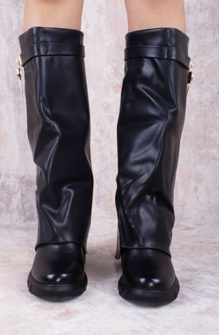 Black Wedge PU Leather Fold Over Shark Lock Detail Knee High Boot