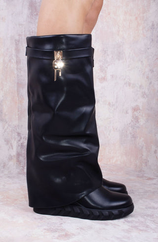 Black Wedge PU Leather Fold Over Shark Lock Detail Knee High Boot