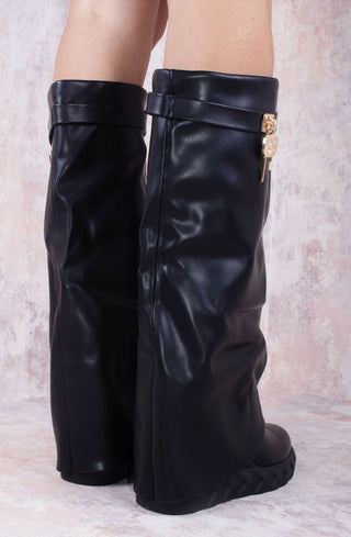 Black Wedge PU Leather Fold Over Shark Lock Detail Knee High Boot