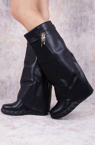 Black Wedge PU Leather Fold Over Shark Lock Detail Knee High Boot