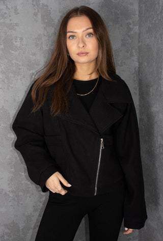 Black Wool Fold Over Zip Biker Jacket