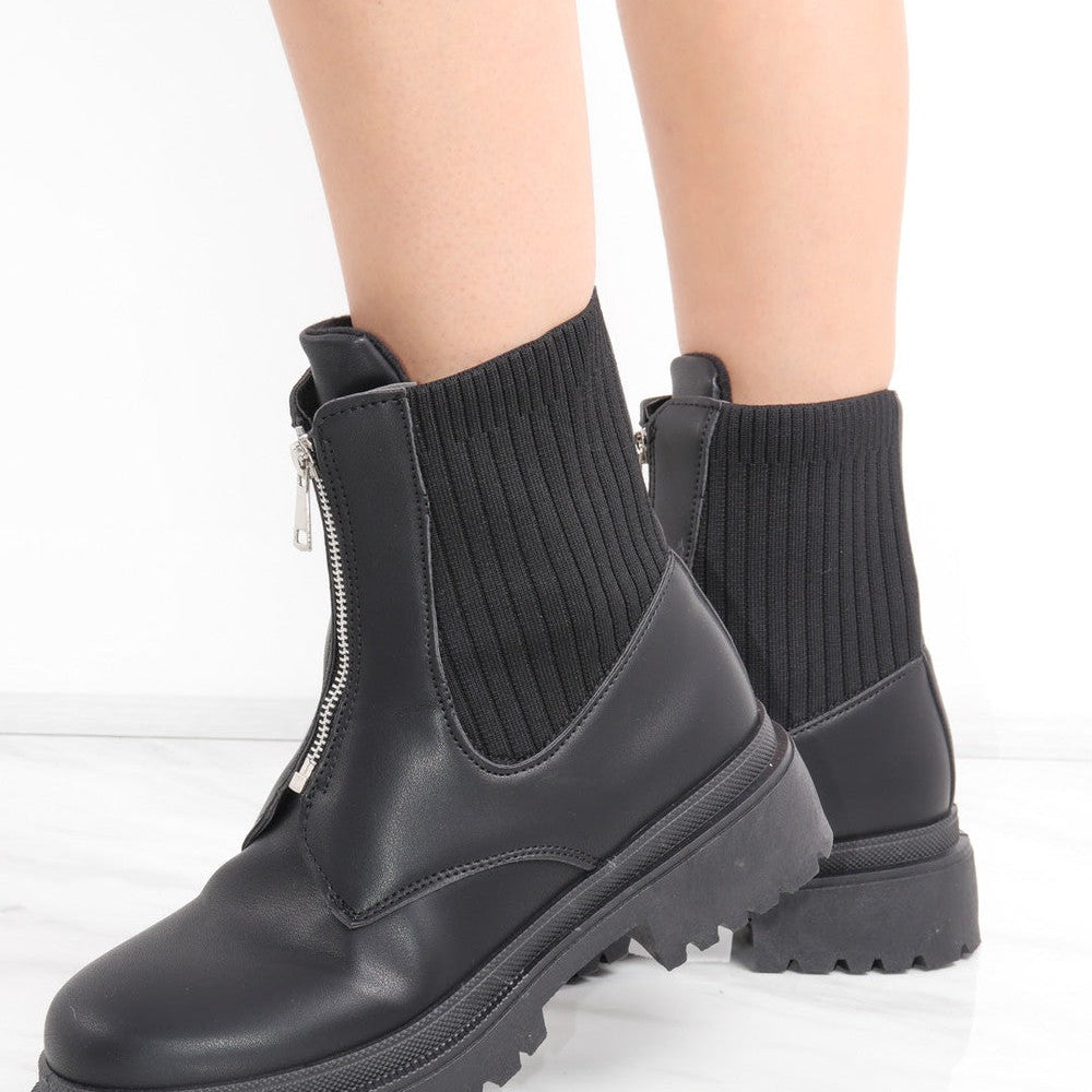 Black Zip Front Faux Leather Chunky Ribbed Ankle Boot