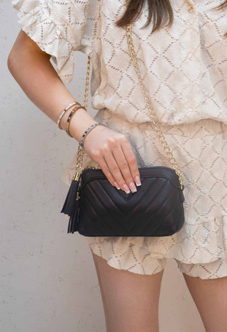 Black and Gold PU Leather Tassel Cross-Body Chain Bag