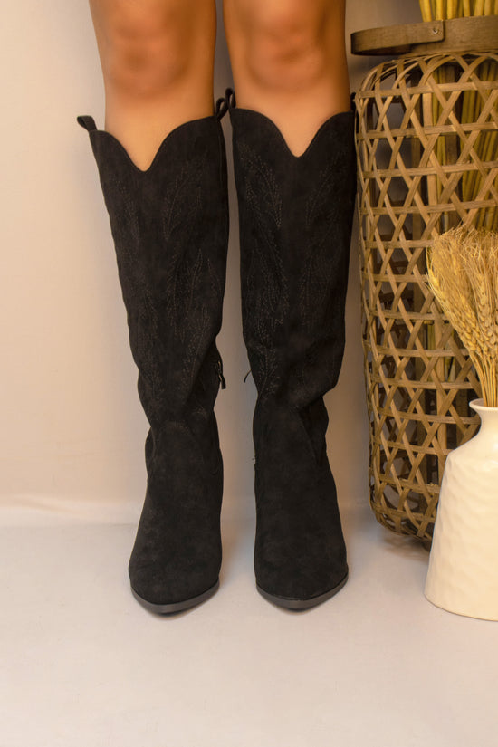 Black Faux Suede Western Style Knee High Cowboy Boot
