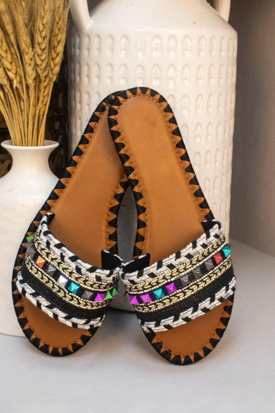 Black Studded Glitter Flat Slider Sandals