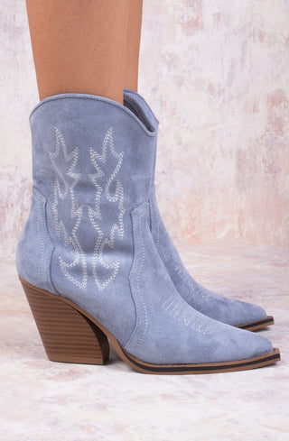 Blue Faux Suede Embroidered Western Pointed Toe Cowboy Boots