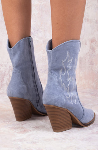 Blue Faux Suede Embroidered Western Pointed Toe Cowboy Boots