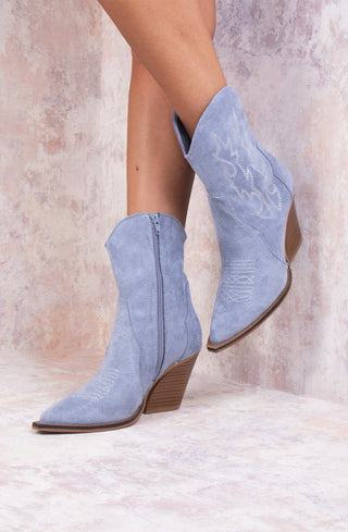 Blue Faux Suede Embroidered Western Pointed Toe Cowboy Boots