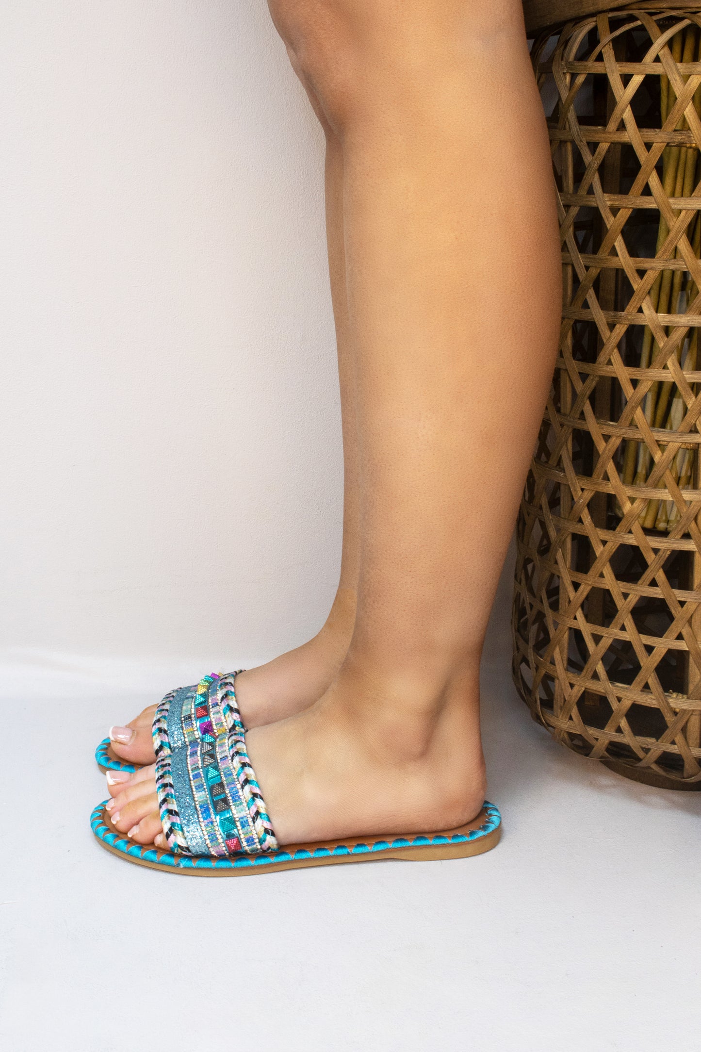 Blue Studded Glitter Flat Slider Sandals