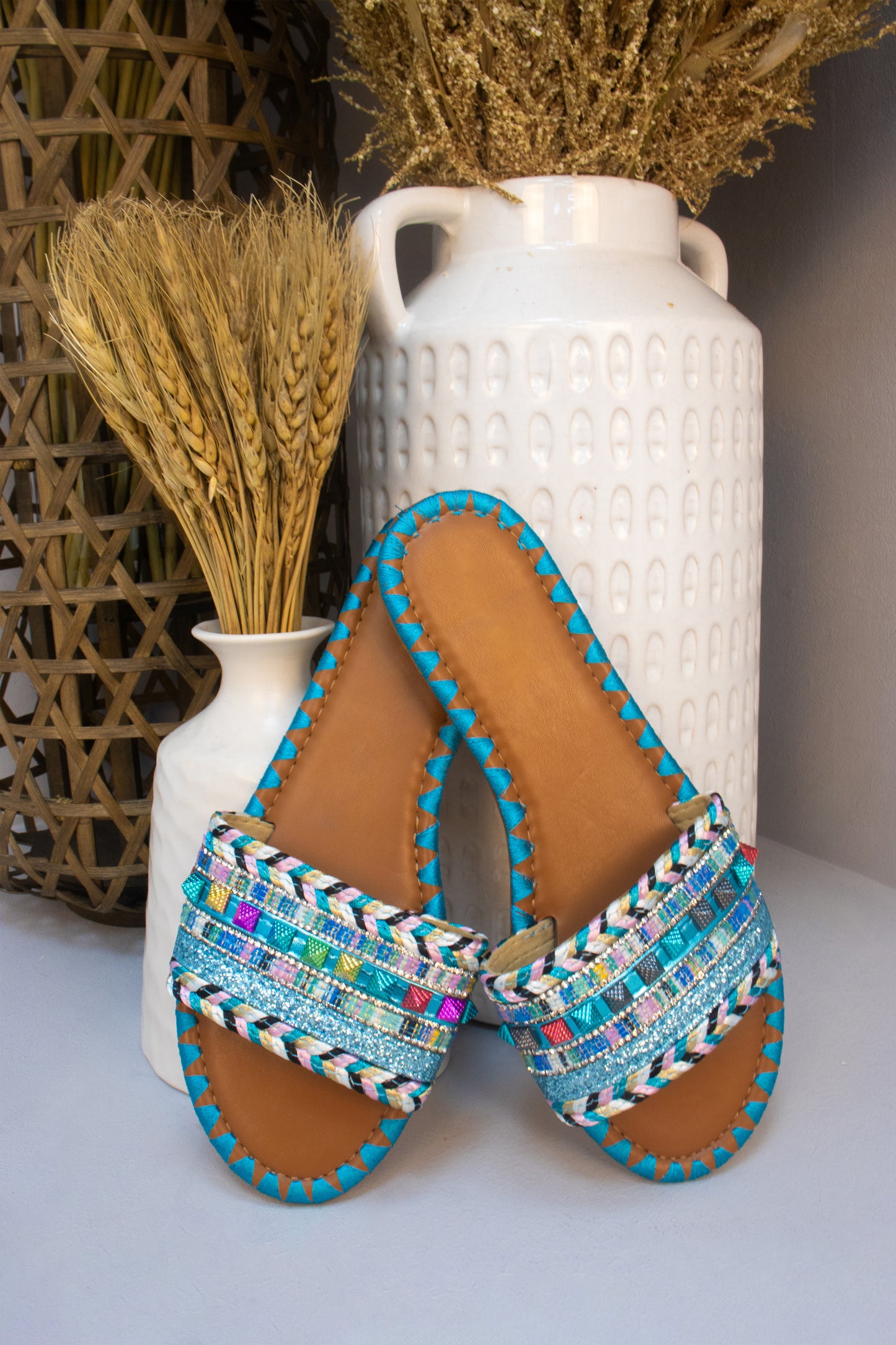 Blue Studded Glitter Flat Slider Sandals